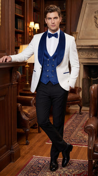 Marco Lorenzo Premium White Paisley 4 Piece Suit with Royal Blue Velvet Shawl Lapel and Matching Bow Tie