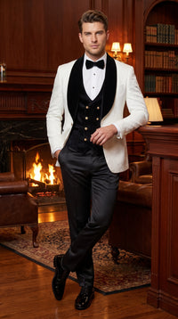 Marco Lorenzo Premium White Paisley 4 Piece Suit with Black Velvet Shawl Lapel and Matching Bow Tie