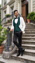 Marco Lorenzo Premium White Paisley 4 Piece Suit with Green Velvet Shawl Lapel and Matching Bow Tie