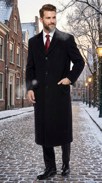 Men’s Black Chesterfield Overcoat, Full Length Wool and Cashmere Dress Coat