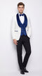 Marco Lorenzo Premium White Paisley 4 Piece Suit with Royal Blue Velvet Shawl Lapel and Matching Bow Tie