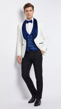 Marco Lorenzo Premium White Paisley 4 Piece Suit with Royal Blue Velvet Shawl Lapel and Matching Bow Tie
