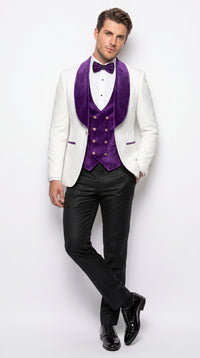 Marco Lorenzo Premium White Paisley 4 Piece Suit with Purple Velvet Shawl Lapel and Matching Bow Tie