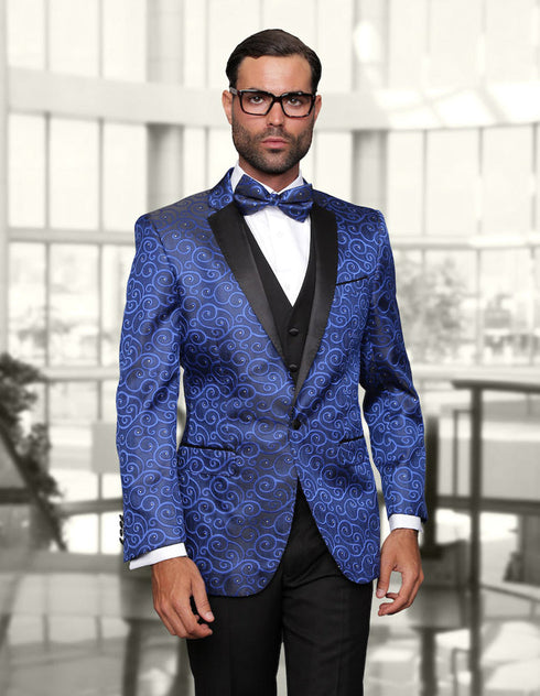 Mens Vested Swirl Patter Notch Lapel Tuxedo in Royal Blue