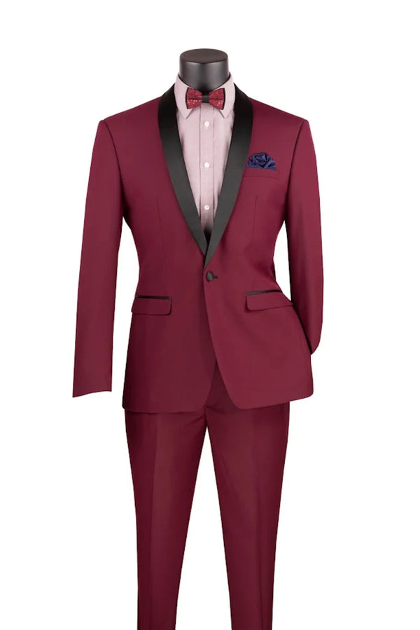 Kingsman Collection - Shawl Collar Slim Fit Tuxedo 2 Piece 1 Button Burgundy
