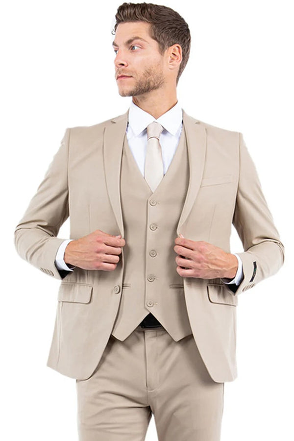 Men's One Button Vested Slim Fit Business & Wedding Suit In Tan