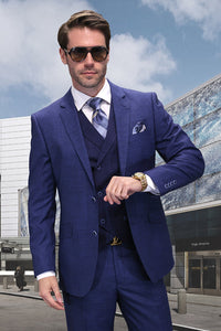 Men's Modern Fit Designer Wool Suit in Indigo Blue with a Double Breasted Plaid Vest