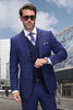 Men's Modern Fit Designer Wool Suit in Indigo Blue with a Double Breasted Plaid Vest