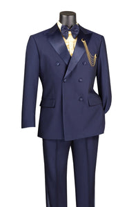 Modern Fit Navy 2 Piece Double Breasted Tuxedo Adjustable Waistband with Oversized Bow Tie