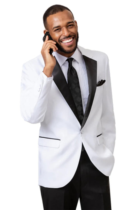 All White Mens Tuxedo -  Wedding Suit - Mens One Button Notch Lapel Tuxedo In White & Black