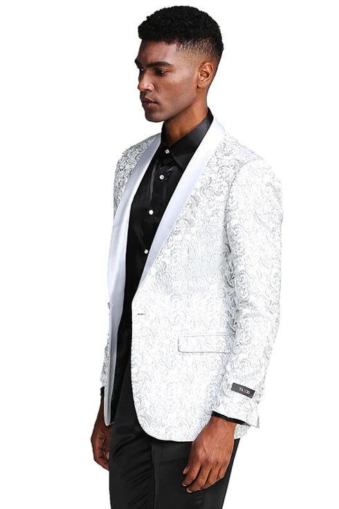 All White Mens Tuxedo -  Wedding Suit - Men's Slim Fit Wedding & Prom Tonal Paisley Tuxedo Jacket In White