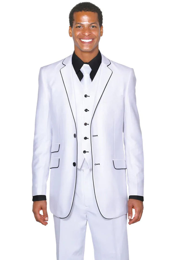 All White Mens Tuxedo -  Wedding Suit - Mens Vested Slim Fit Shiny Sharkskin Tuxedo Suit In White With Black Piping