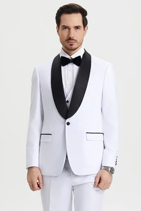 All White Mens Tuxedo -  Wedding Suit - Men's Stacy Adams Vested One Button Shawl Lapel Designer Tuxedo In White