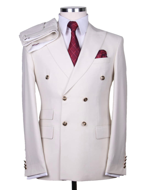 Designer Mens Double Breasted Gold Button Suit in White