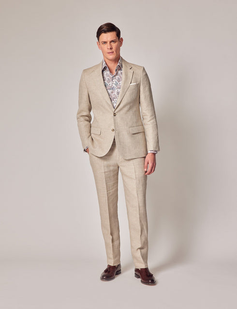 Mens Linen Suit For Beach Wedding - Summer  Suit in Natural Herringbone Tailored Fit