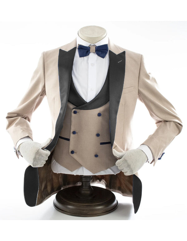 Mens 2 Button Peak Lapel Prom Tan Tuxedo with Double Breasted Vest