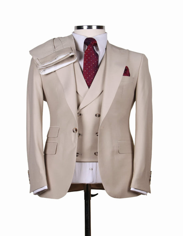 Great Gatsby Suit - Double breasted Vest - Big Peak Lapel Vintage Suit No Pleated Pants in color Tan