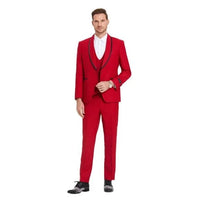 New Tazio Birdseye Textured Red Tuxedo | Shawl Collar Satin Trim 3-Piece