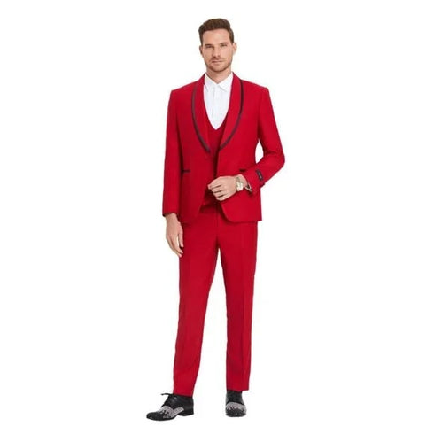 New Tazio Birdseye Textured Red Tuxedo | Shawl Collar Satin Trim 3-Piece