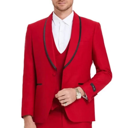 New Tazio Birdseye Textured Red Tuxedo | Shawl Collar Satin Trim 3-Piece