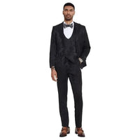 2026 Floral Mens 3PC Suit w/ Double Breasted Prom Vest by Tazzio, Black Black Prom Tuxedos