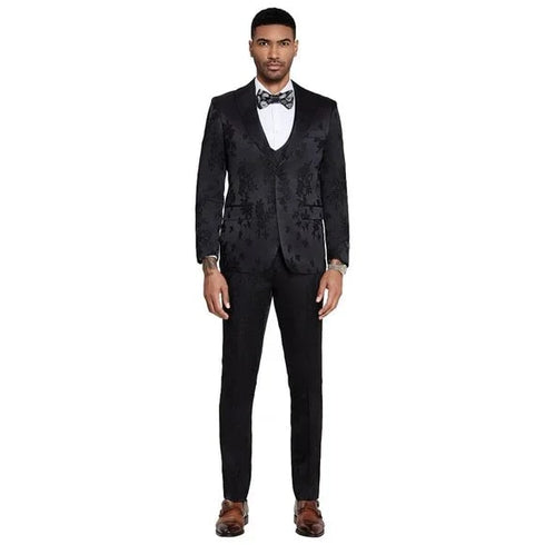 2024 Floral Mens 3PC Suit w/ Double Breasted Prom Vest by Tazzio, Black