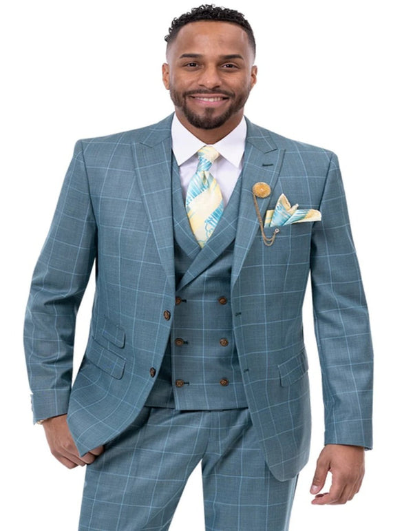 Mens Two Button Peak Lapel Vested Fashion Teal Blue Windowpane Plaid Suit