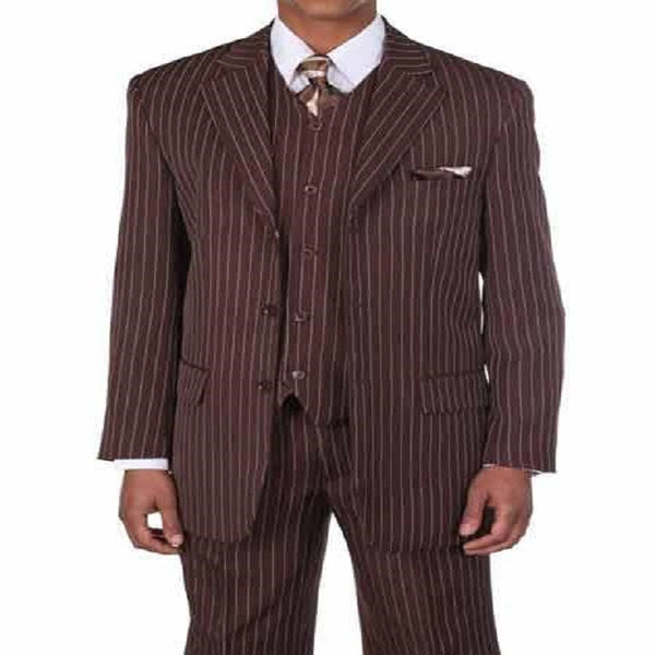 Men's Brown/White 1920'S 30'S Fashion Look Available In 2 Or Three ~ 3 Buttons Vested Pinstripe ~ Stripe 3 Piece With Vest Bold Chalk Stripe Suit