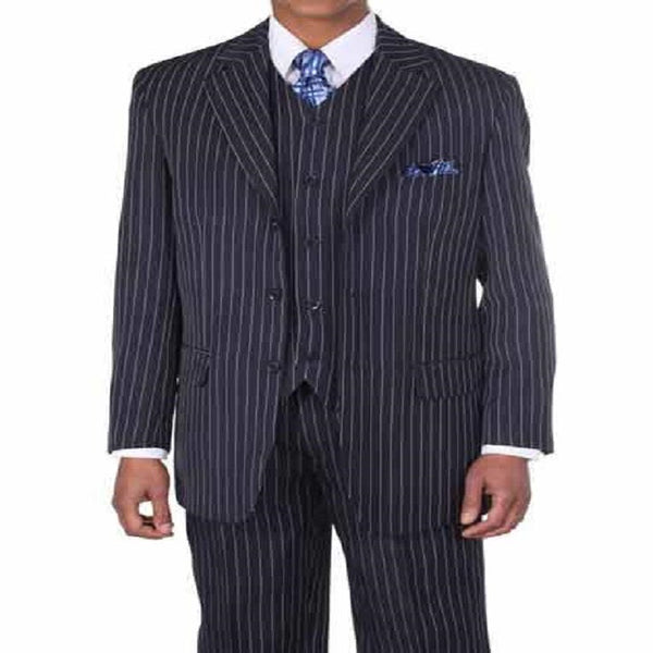 Men's 1920'S 30'S Fashion Look Available In 2 Or Three ~ 3 Buttons Vested Dark Navy/White Pinstripe ~ Stripe With Vest Bold Chalk Stripe 3 Piece Suit