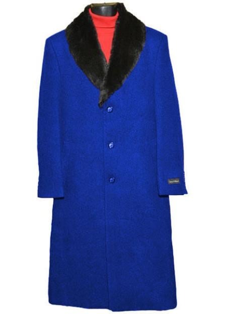 Men's Dress Coat Royal Blue 3 Button (Removable ) Fur Collar Full Length Overcoat ~ Long Men's Dress Topcoat - Winter coat full length Fabric Also copied from mensusa