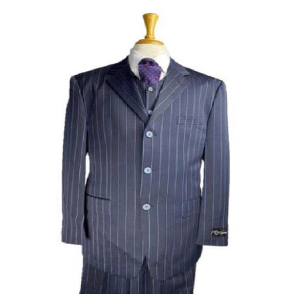 Three Buttons Bold Chalk Pinstripe Navy Blue Pinstripe Suit With Vest Three Pieces