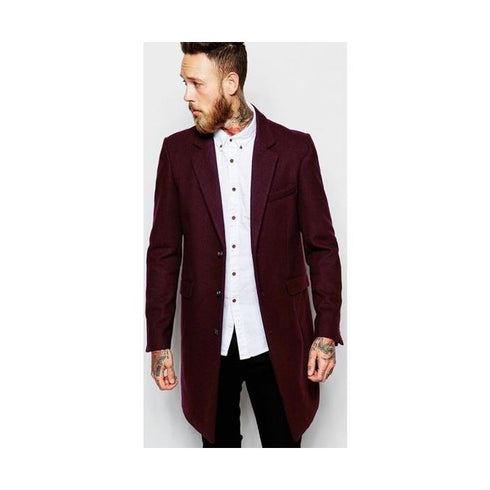 Three button over coats mens burgundy wine coat