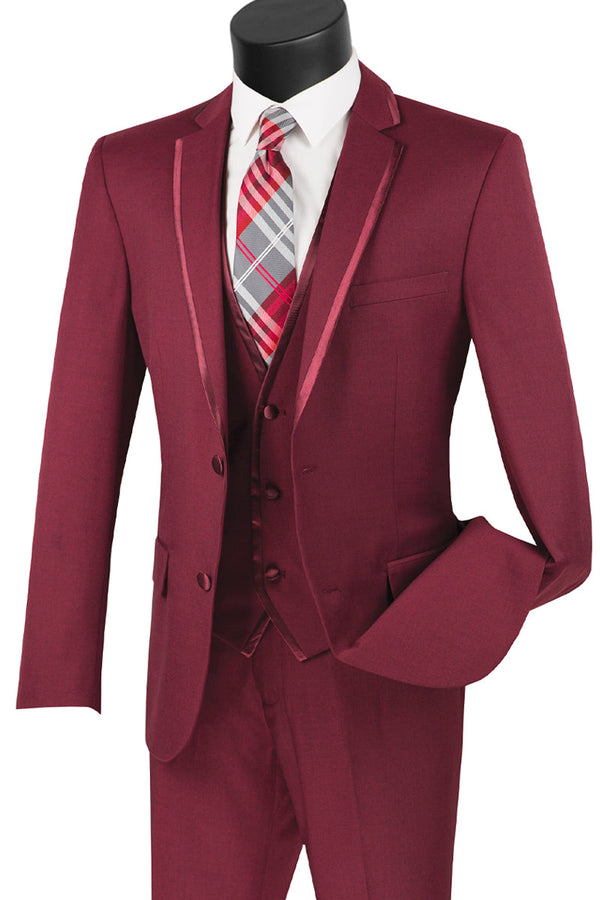 Mens Slim Vested Tuxedo Suit with Satin Trim in Burgundy