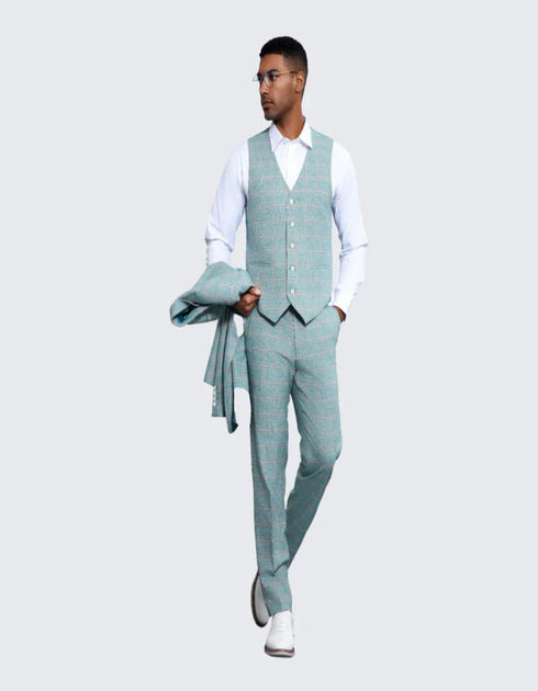 Men's Turquosie Windowpane Suit Three Piece Set- Wedding - Prom