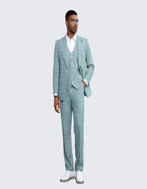 Men's Turquosie Windowpane Suit Three Piece Set- Wedding - Prom