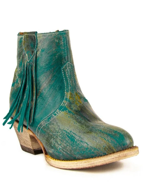 Ferrini Women's Fringe Round Toe Ankle Boots Handcrafted - Turquoise