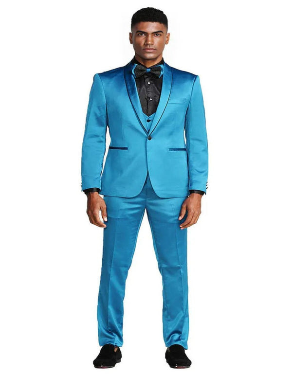 Blue Wedding Tuxedo - Men's Slim Fit Vested Shiny Satin Prom & Wedding Turquoise Tuxedo Suit