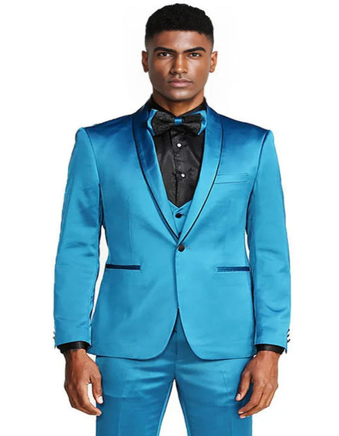 Blue Wedding Tuxedo - Men's Slim Fit Vested Shiny Satin Prom & Wedding Turquoise Tuxedo Suit