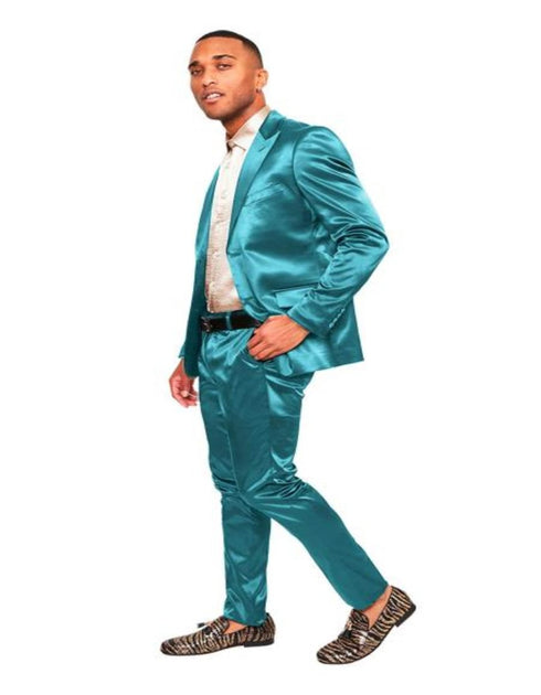 Mens Two Buttons Peak Lapel Suit Turquoise