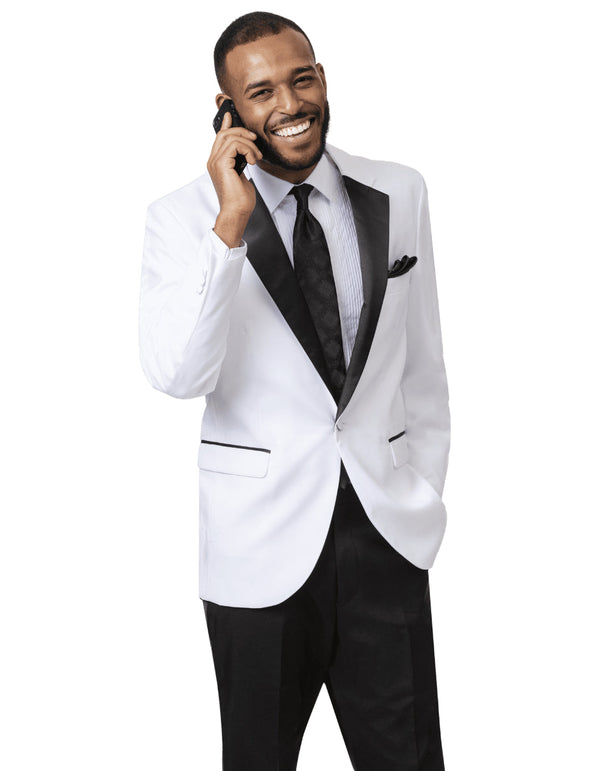 Mens Classic One Button Notch Tuxedo in White & Black