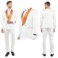 New Paisely Skinny Fit  Double-Breasted By Tazio, Ivory & Rustic Orange Tuxedo