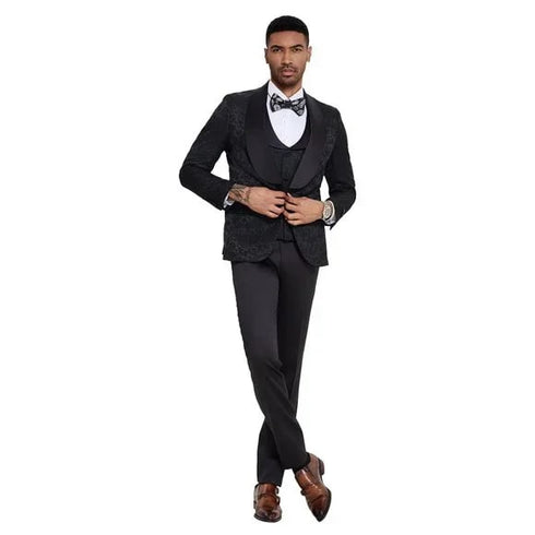 2025 Black Paisley 3pc Men's Suit Tuxedo by Tazzio