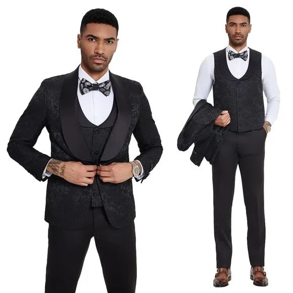 2024 Black Paisley 3pc Men's Suit Tuxedo by Tazzio