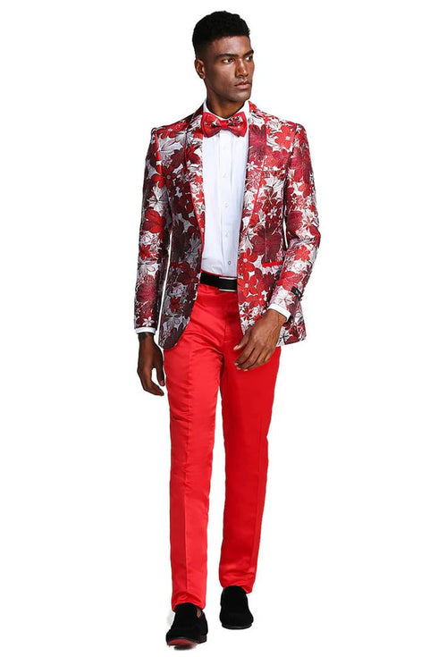 Men's Slim Fit Paisely Prom Tuxedo Jacket In Red & Silver Red Tuxedos for Prom