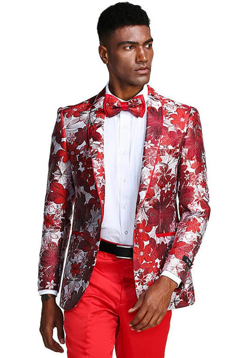 Men's Slim Fit Paisely Prom Tuxedo Jacket In Red & Silver Red Tuxedos for Prom