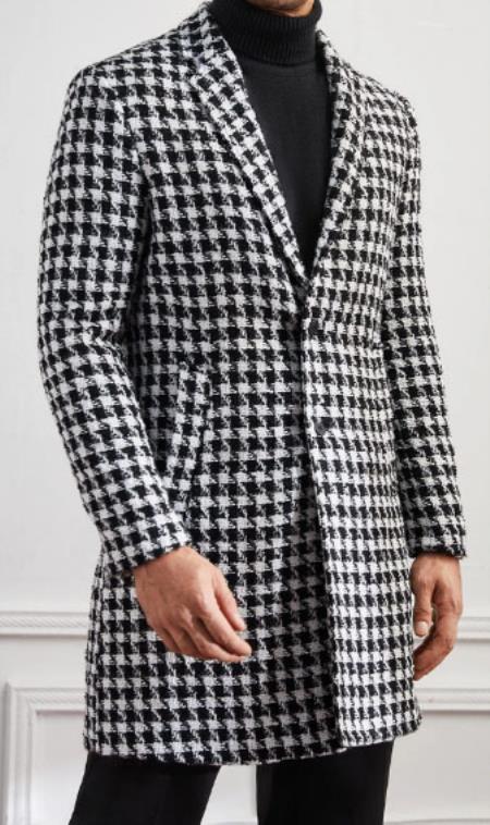 Men Houndstooth Lapel Collar Single Breasted Tweed Overcoat