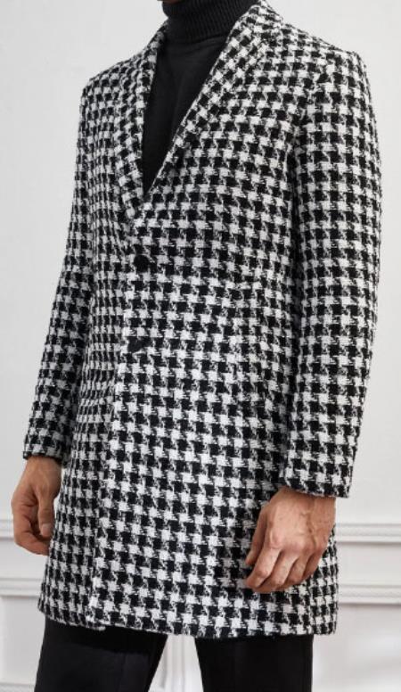 Men Houndstooth Lapel Collar Single Breasted Tweed Overcoat