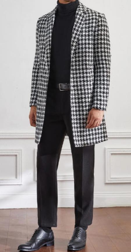 Men Houndstooth Lapel Collar Single Breasted Tweed Overcoat