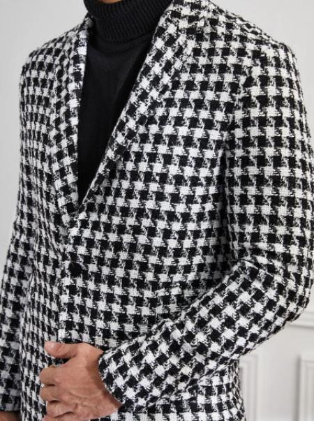 Men Houndstooth Lapel Collar Single Breasted Tweed Overcoat