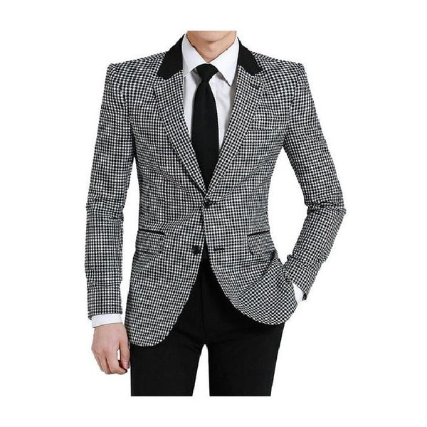 BUTTON HOUNDSTOOTH PEAK LAPEL BLACK BLAZER